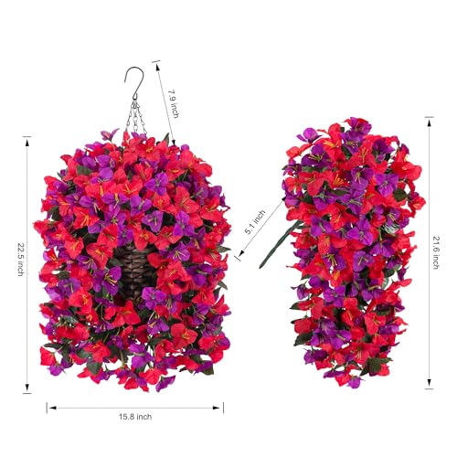 Ivydale Bougainvillea Artificial Hanging Fake Flowers with Basket for Outdoors Decoration, Faux Silk Flowers UV Resistant Fake Plants Long Vines Realistic for Outside Front Door Porch, Red Fuchsia - color: Red Fuchsia