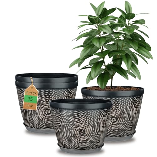 Quarut 15 Inch 4 Pack Large Plant Pots, Plastic Flower Pot for Indoor & Outdoor with Drainage Holes & Saucer, Circle Pattern Planters Garden Pots for Herbs - color: Circular Pattern-brown, size: 15 inch-4 Pack
