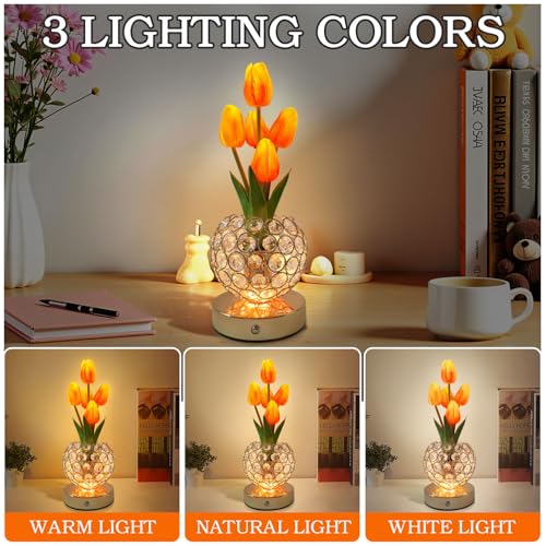 Cordless Tulip Flower Lamps, 3 Colors Touch Stepless Dimming Crystal Night Light, Rechargeable Artificial LED Flower with Vase Lamp Romantic Decor for Mothers Day,Xmas,Birthday (OG) - color: OG