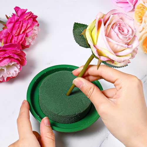 16 Pack Round Floral Foam with Bowls, Green Wet Flower Arrangement Kit, DIY Supplies for Wedding Birthday Party Table Centerpiece Decor, Fresh Artificial Flowers