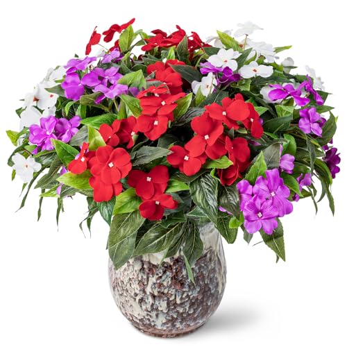 Nigirior Artificial Fake Flowers for Outdoor Décor 6 Bundles UV Resistant Fake Plants for Planter Faux Impatiens for Home Porch/Garden Stunning（Red/White/Purple） - color: Red/White/Purple