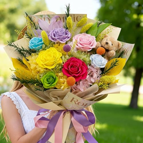Preserved Bouquet with Bear: Big Flowers Big Love-Romantic Graduation Gifts for Her-Daughter Girlfriend Wife Mom-Flowers for Delivery Prime on Birthday Valentines Anniversary (Dopamine 1) - color: Dopamine1