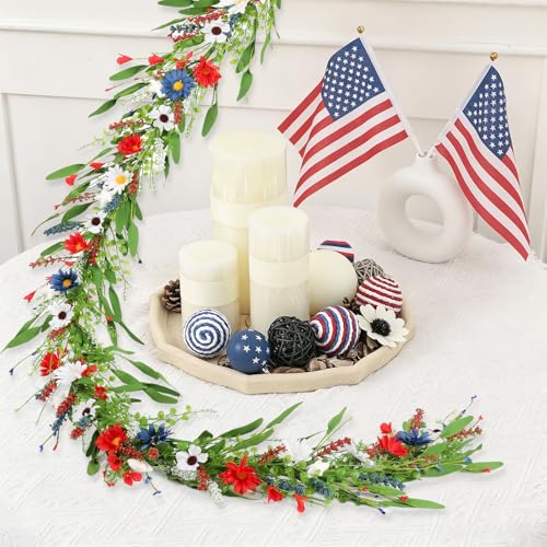 6.5Ft Patriotic Garland, Red White Blue Artificial Wildflower 4th of July Garland, Independence Day Memorial Day Floral Vine for Mantle Stair Porch Table Home Decor - color: Red White and Blue02