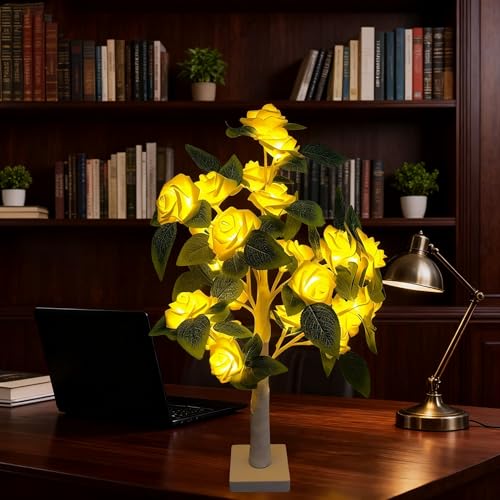 Rose Tree Lamp，Rose Flower Night Light, Led Tabletop Pink Tree Lights, Lower Lamp Girls Gift for Mother’S Day, Lighted Tabletop Tree for Christmas Wedding Decor Valentine’S Day - style: White+Yellow Rose