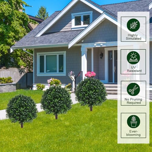 2PCS Faux Boxwood Plants Outdoor Artificial Topiary Ball Trees | Fake Bush & Shrub Greenery / UV Resistant / No Fade / Sturdy Build / No Maintenance / with Spike / Front Porch Decor - color: Boxwood