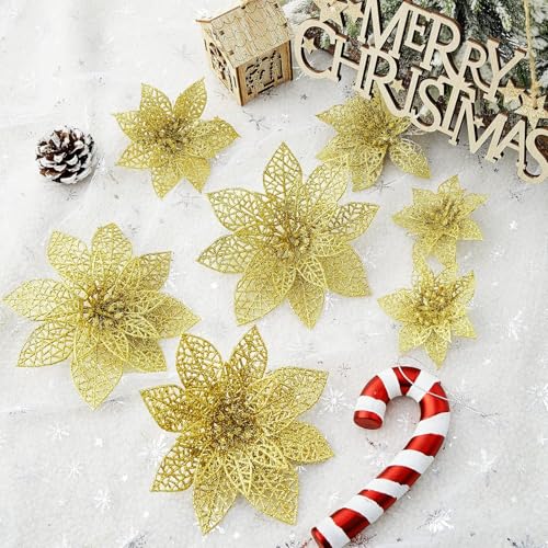 Wironlst 24 Pieces 3 Size Glitter Poinsettia Flowers Christmas Tree Ornaments, Glitzy Poinsettia Bushes Christmas Decorations for Xmas/Holiday/Seasonal/Wedding (Gold) - color: Gold