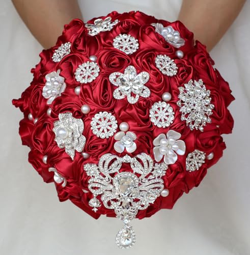 Bridal Wedding Bouquet Round Bling Brooch Bouquet Artificial Rose Flower Bunch for Bride Bridesmaid Wedding Quinceanera(Ruby Red, 9.8") - color: Ruby Red*, size: Large (Dia. 9.8"/25cm)