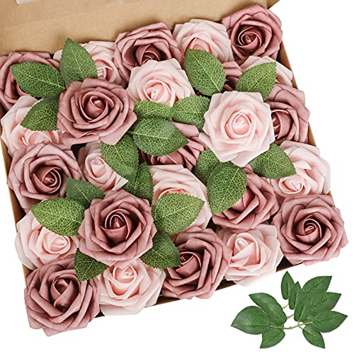 AmyHomie Artificial Flower Warm Taupe & Nude Rose 25pcs Real Looking Fake Roses w/Stem for DIY Wedding Bouquets Centerpieces Arrangements Party Baby Shower Valentines Day Christmas Tree Decorations - color: Warm Taupe & Nude