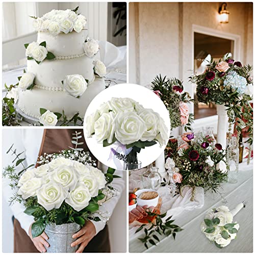 100 Pcs Artificial Foam Rose Flower Faux Bouquet Wedding Fake Rose Gift for Mother's Day Women DIY Bridal Shower Party Table Birthday Home Spring Decor (Ivory) - color: Ivory