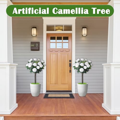 Sunnyglade 35.5" Set of 2 Artificial Camellia Tree, Faux White Camellia Flowers Plant with Spike Fake Silk Flora Topiary Plants Tree for Indoor, Garden, Yard, Porch, Patio Decoration - color: White