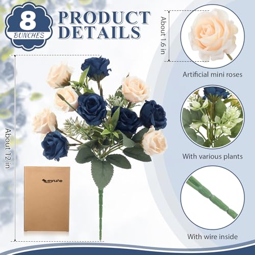 Zeyune 8 Pack Artificial Mini Dark Blue and Champagne Roses 12 Inch Fake Flowers with Stems 80 Small 1.6 Inch Flower Heads Silk Mini Rose Bouquets for Wedding Bridal Bouquets Home Party Decor - color: Dark Blue and Champagne