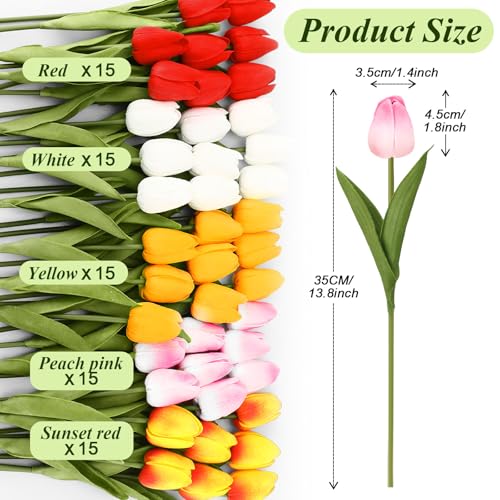 Janinka 75pcs Artificial Tulip Flowers Fake PU Tulips Faux Latex Bouquet Flower Centerpieces Arrangement Floral for Wedding Spring Decorations (1 Head,White,Red,Sunset Red,Pink,Gold) - color: White, Red, Sunset Red, Pink, Gold