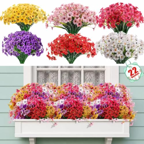 Powbrace 22 Pack Artificial Flowers for Outdoor Indoor Fake Plants, Faux Silk Flowers for Outdoors Outside Front Porch Hanging Planter Window Box Garden Spring Decoration(Multi-Colour) - color: Multi-colour, size: 22 Bundles