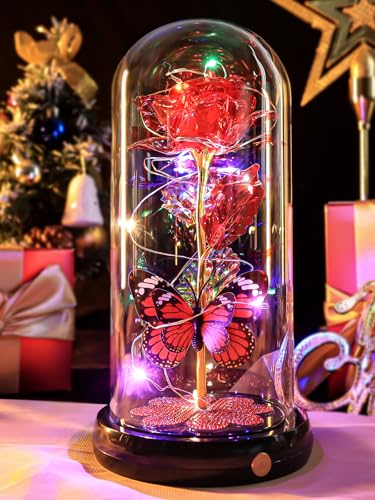 Mothers Day Rose Gifts for Mom Birthday Gift, Rechargeable Galaxy Glass Rose in Glass Dome Eternal Crystal Flower Butterfly Gift Mother's Day Flowers Gifts for Women Mom Wife Grandma Daughter Red - color: USB-E Red