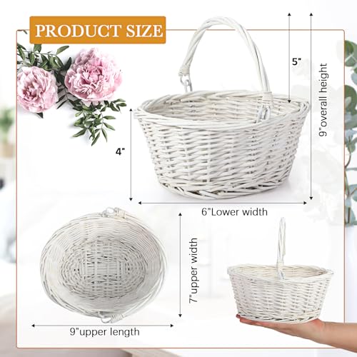 Barydat Small Wicker Basket with Handle Flower Girl Baskets Oval Willow Woven Braided Gift Basket for Weddings Picnic Baby Shower Home Garden Decor(6 Pcs,White,9" x 7" x 4") - color: White, size: 9" x 7" x 4"