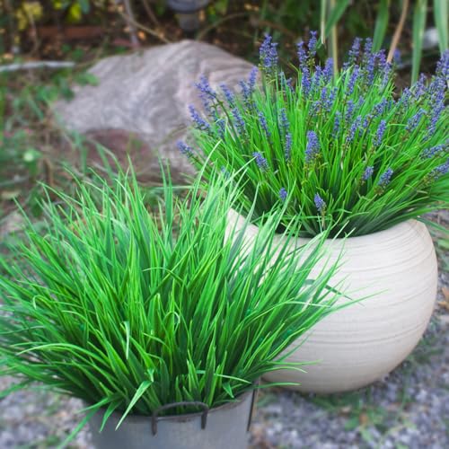 Faux Outdoor Plants 12 Bundles Artificial Boxwood Shrubs Grass Fake Greenery Green Plastic Leaf for Groud Planter Front Porch Patio Decor (12 Bundles Green Grass Plants) - color: 12 Bundles Green Grass Plants