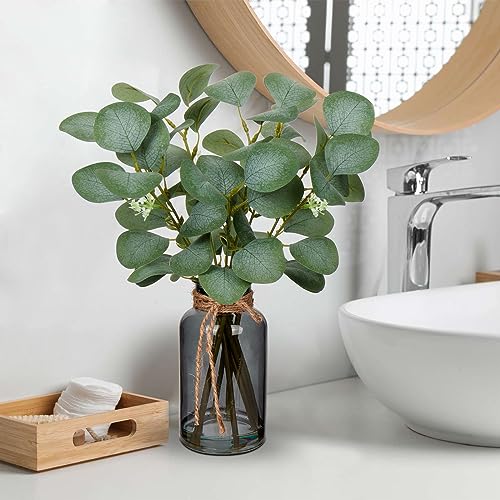 Briful Artificial Eucalyptus Stems in Black Glass Vase with Faux Water, 14" Fake Plant Eucalyptus Leaves for Home Office Farmhouse Wedding Centerpiece Décor - color: Black