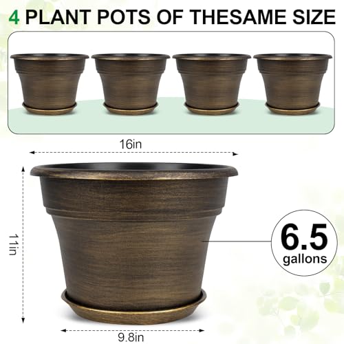 16 inch Plant Pots Outdoor Planters，4 Pack Large Plastic Flower Pot For Indoor Plants With Drainage Holes & Saucer, Resin Decorative Container Sets With Trays For House Outdoor Garden Plant Dark Gold - color: Gold, size: 16 inch-4 pack