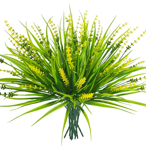 10 Pcs Artificial Plants Outdoor, UV Resistant Fake Outdoor Flowers Plants Faux Plastic Monkey Grass for Outside Front Porch Garden Window Box Home Office Planters Desk Decor (Yellow) - color: Yellow, size: 10pcs