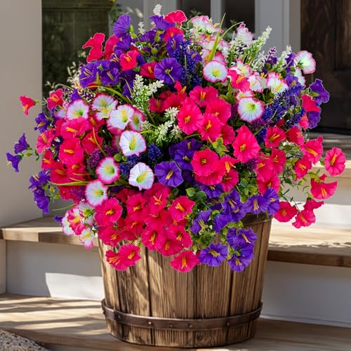 AXYLEX Artificial Flowers Outdoor Morning Glory - 16 Bundles Fake Plants UV Resistant No Fade Faux Plastic Greenery Home Garden Porch Decoration Indoor (1, Multi16-3) - color: Multi16pcs - White+red Pink+purple+lavander