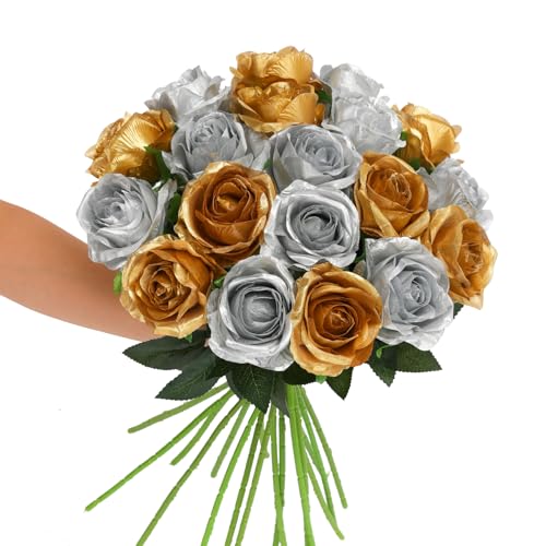 Tifuly Roses Artificial Flowers - 12 pcs Realistic Long Stems Fake Roses Mashup Style Silk Flowers for DIY Bouquets Wedding Centerpieces Arrangements Home Party Decor（Gold & Sliver） - color: Gold & Silver