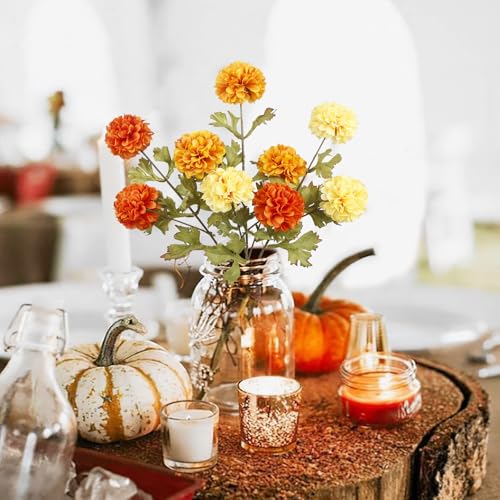 CISDUEO 3 Pcs Artificial Marigold Flowers Artificial Chrysanthemums Ball Flower Orange Silk Mums Flowers Spring Branches for Home Decor Floral Arrangement Table Centerpiece