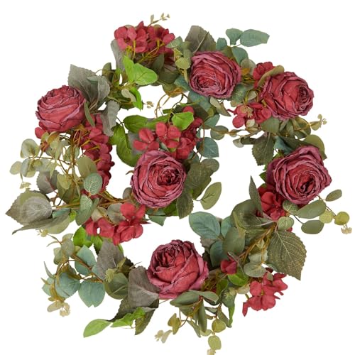 PONKING Flower Garland Artificial Rose & Hydrangea Vine Hanging Fake Flowers Vines for Wedding Birthday Party Valentines Christmas Room Wall Arch Decor, 1 Rose & 1 Hydrangea Red Floral Garland - color: Large Rose & Hydrangea Red Vines 5.4ft
