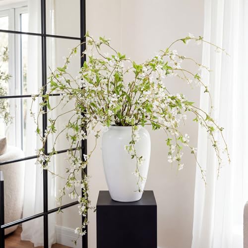 Zeyune 6 Pcs Artificial Blossom Branches with Green Buds 40" Faux Plastic Floral Plant Stem Picks Sprigs for Vase DIY Home Office Wedding Party Indoor Outdoor Summer Decor (Green, White Blossom) - color: Green, size: White Blossom