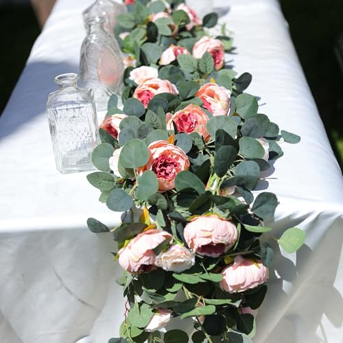 MISSPIN 2pcs Artificial Flowers Garland Spring Eucalyptus Garland Vintage Fake Flower Peony Rose Vine Greenery Decorative Wall Hanging Plant for Wedding Arch Door Arrangement Party Decor - color: Vintage Pink,2