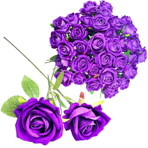 Rose Artificial Flowers Velvet Bouquet with Long Stem Real Touch Fake Roses Florals for Bridal Wedding Bouquet Party Arrangement Centerpiece Decorations (36, Purple) - color: Purple