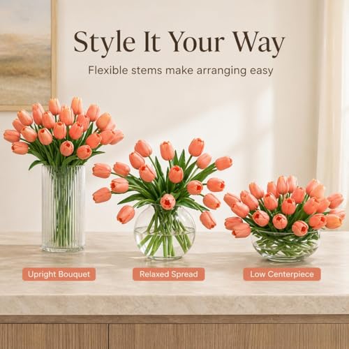 MACTING 30PCS Artificial Tulip Flowers 13.7" Real Touch Fake Tulips Faux Flowers for Floral Arrangements Table Centerpieces Kitchen Dining Room Mothers Day Summer Decorations,Light Orange - color: Light Orange