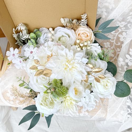 White Artificial Flowers Combo Box Set Bulks Champagne Ivory Silk Dahlia Roses DIY Cake Flowers Bridal Wedding Bouquets Boho Fake Floral Gold Leaves Stems Centerpieces Baby Shower Table Decor - color: White, Cream