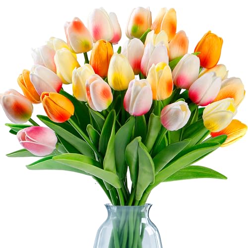Sggvecsy 30 Pcs Fake Tulips Artificial Flowers Real Touch PU Faux Flowers Tulip Stems for Wedding Floral Arrangement Spring Bouquet Home Party Office Decorations for Mother's Day (Multi Colors) - color: Mixed 4, size: 30 Pcs