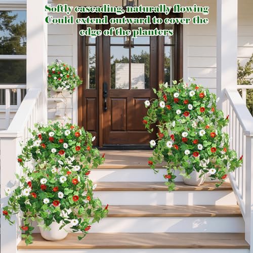Krissing 3 Pcs Artificial Flowers for Outdoors UV Resistant, Fake Greenery Plants with Daisy Flowers for Planters Porch Window Box Home Decor (Red, White) - color: Red+white, size: 3