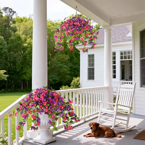 Homsunny Artificial Fake Hanging Flowers Plants Basket for Outdoor Decoration, Faux Silk Flower Bougainvillea Planter Look Real UV Resistant for Home Porch Patio Balcony Yard Spring Decor(Mix Pulple) - color: Mix Purple