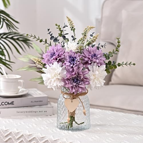 MARTINE MALL Fake Flowers in Vase, Faux Flowers in Vase, Dahlia Artificial Flowers in Vase Centerpiece Table Decorations Artificial Flower Arrangement for Home Dining Room Office Farmhouse - color: Purple Dahlia