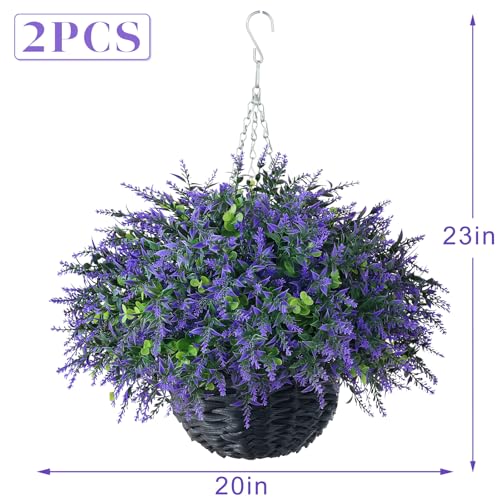 GLIDLION Artificial Eucalyptus & Lavender Hanging Basket (2 Pieces) - Realistic Fake Hanging Plants Set, Outdoor Faux Eucalyptus Leaves for Farmhouse Eaves Porch Decor | Spring,Summer,All Season