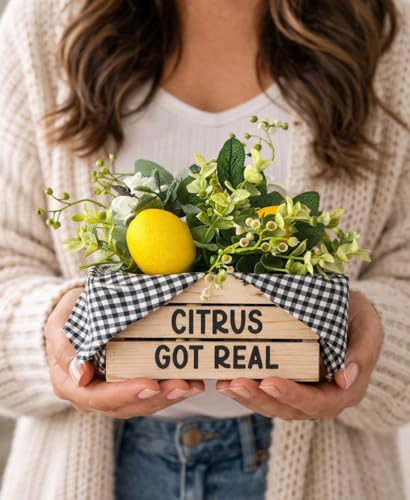 Lemon Decor | Mini Crate with Fake Lemons | Citrus Got Real, 5" W x 6" H | Lemon Decorations for Kitchen | Boho Kitchen, Cottage Core Decor | Lemon Themed Gifts (Citrus Got Real) - style: Citrus Got Real