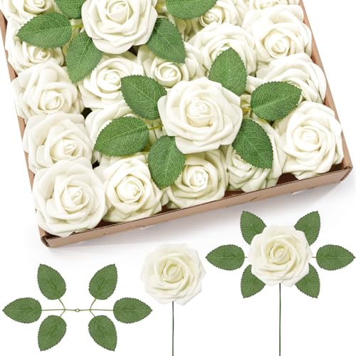 Lifewit Artificial Flowers, 25 Pcs Ivory Foam Real Looking Roses with Stems, Fake Roses for DIY Wedding Bouquets, Centerpieces Arrangements, Valentine Decorations - color: Ivory