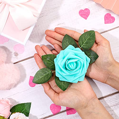 Syhood Artificial Foam Rose Flowers Vintage Fake Roses DIY Bouquets with Leaves and Stems for Wedding Bridal Shower Party Centerpieces Home Romantic Decor(Turquoise,50 Pieces) - color: Turquoise