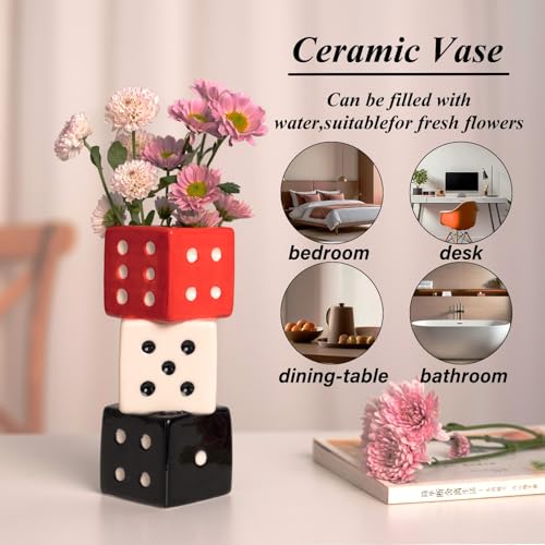 MOUGIGI Funky Dice Vase - Unique Ceramic Home Decor for Bars| Stylish Black, White & Red Geometric Design | Perfect for Fresh, Dried, or Artificial Flower Arrangements | Ideal Gift for Art Lovers - color: Red, White and Black Dice Vase