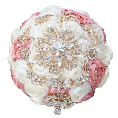 8.7in Bridal Wedding Bouquet Handmade with Luxury Gold Rhinestone Brooch for Bride Bridesmaid Quinceanera Satin Rose Bouquet Flower Wedding Ivory and Blush Pink - color: Ivory & Blush Pink, size: Large (DIA. 8.7"/22cm)