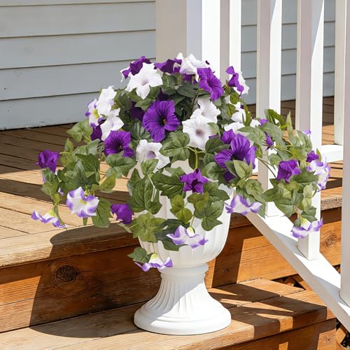 YOUNGLEAVES 2pcs Artificial Fake Petunia Flowers for Outdoor Decoration | Faux Realistic Floral Plants, UV-resistant realistic flower bouquet, Ideal for Garden Porch Balcony Home Wedding Party Decor - color: Purple White