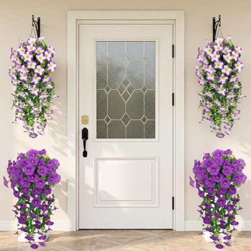 Artificial Hanging Flowers for Outdoors, 6 PCS Silk Morning Glory Artificial Flowers with Eucalyptus Leaves, UV Resistant Fake Flower Realistic Faux Plants for Home Patio Porch, Light Purple White - color: Light Purple White