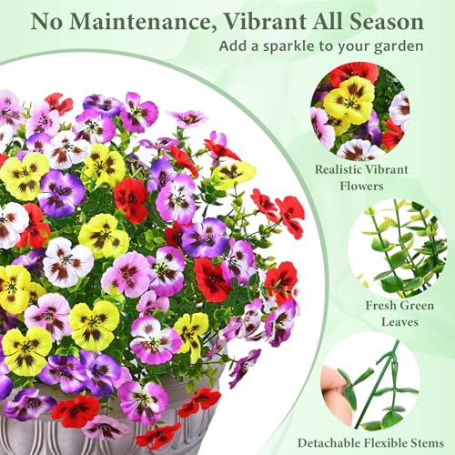 MARTINE MALL 18 Bundles Artificial Flowers for Outdoors, Fake Outdoor Flowers, Fake Pansy Faux Plants Outdoor UV Resistant Silk Pansy Flowers for Planters Indoor Porch Decor (Mix Colors) - color: Yellow+white+purple+red+light Pink+light Purple, size: 18 B