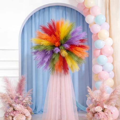 50pcs Pampas Grass 21.6 Inch Non-Shedding Faux Pampas for Modern Neutral Home, Boho Wedding and Cream Tone Vase Arrangements Red Orange Yellow Green Purple - color: Mixed Color3
