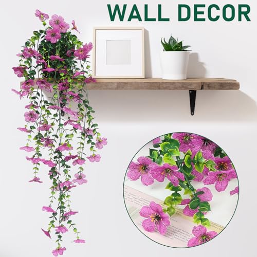 FAVOWREATH Fake Plants Hanging Artificial Potted Faux Eucalyptus Plants and Flowers for Modern Boho Farmhouse Bathroom Office Desk Wall Book Shelf Living Room Aesthetic Decor Indoor (Purple) - color: Purple