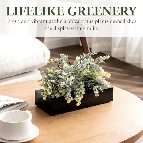 MyGift Artificial Eucalyptus Plant in Black Wood Decorative Planter Pot, Realistic Faux Indoor Greenery in Container for Tabletop Centerpiece Décor - color: Ink Black, size: 9.5 Inch