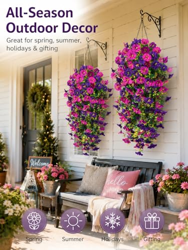 2pcs Outdoor Artificial Morning Glory Hanging Flowers for Outdoors Garden, Patio, Balcony, Farmhouse Decor - Valentine’s Day, Christmas, Easter, Thanksgiving, Halloween