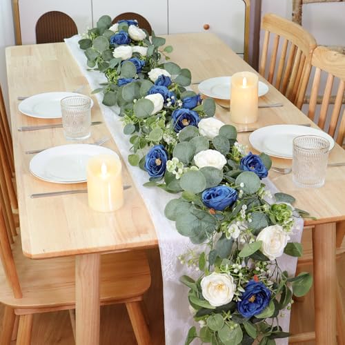 TOCHGREEN 4 Pack Artificial Eucalyptus Flower Garland with White and Blue Roses, Fake Rose Flower Greenery Garland Floral Vines for Wedding Home Party Table Runner Decor (Blue White, 4PCS) - color: Blue White, size: 4PCS